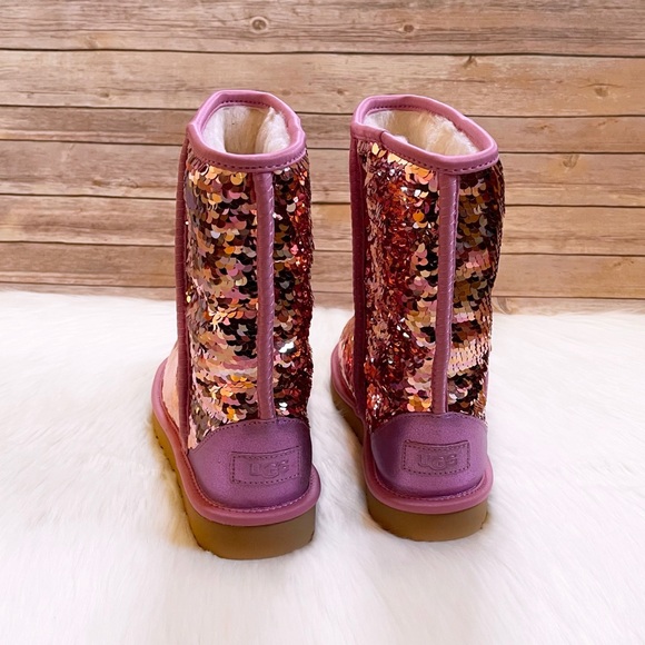 UGG Women’s Classic Short Sequin Pink Boots - Picture 3 of 8